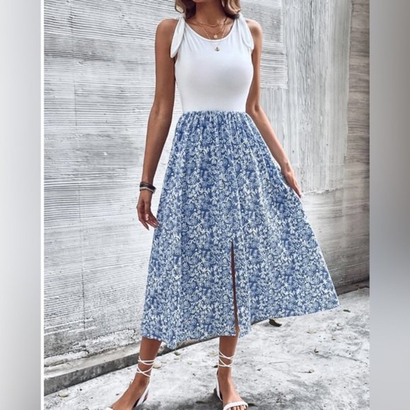 Blue Boho Floral Print Knot Shoulder Split Thigh Dress - Picture 1 of 5